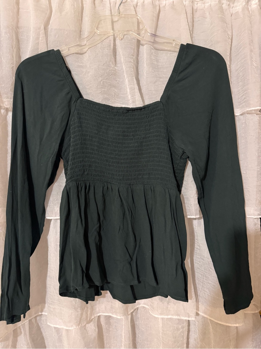 Old Navy Dark Green Smocked Square-Neck Long Sleeve Peplum Top
